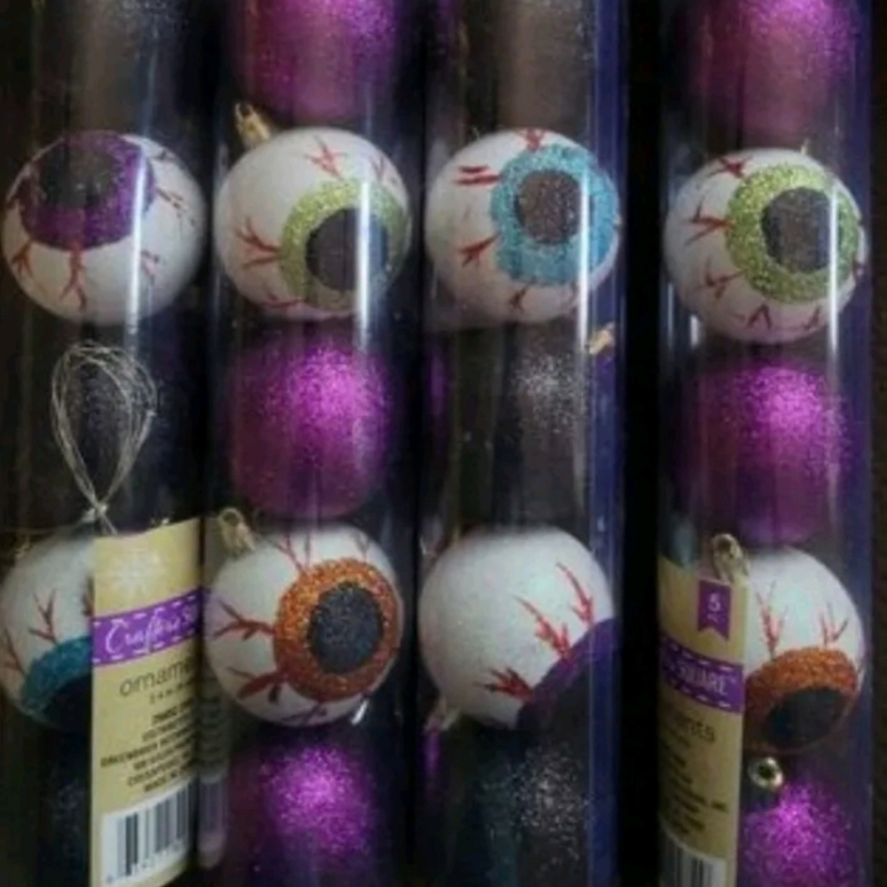 4 Sets (20) Halloween  Ornaments 6 Black 6 Purple & 8 Colored Eyeballs 2.25"
